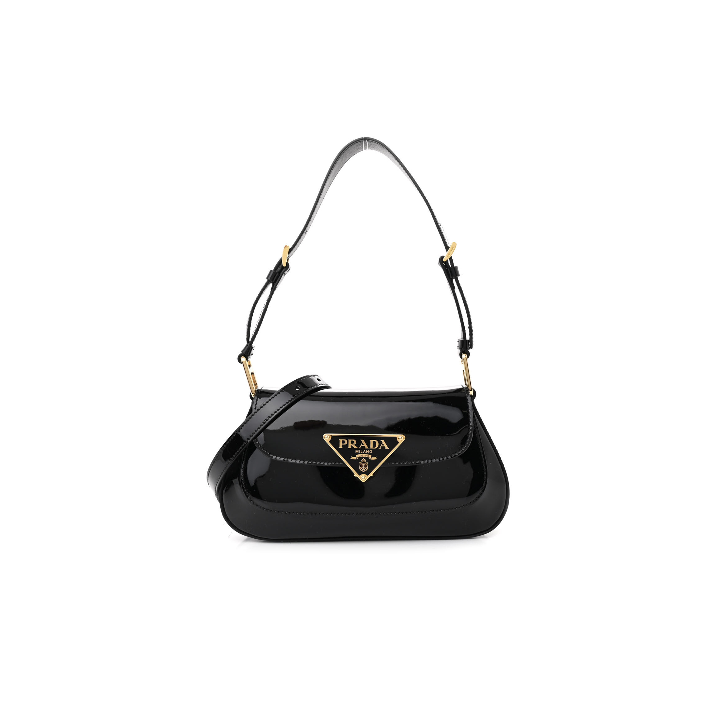 PRADA VERNICE TRIANGLE LOGO FLAP ADJUSTABLE STRAP SHOULDER BAG BLACK 1BD355 (24*11*4cm) 